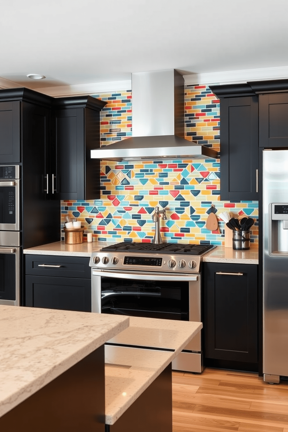 A unique backsplash featuring colorful geometric tiles serves as a stunning focal point in the basement kitchen. The cabinetry is a sleek matte black, complemented by stainless steel appliances and warm wood accents.