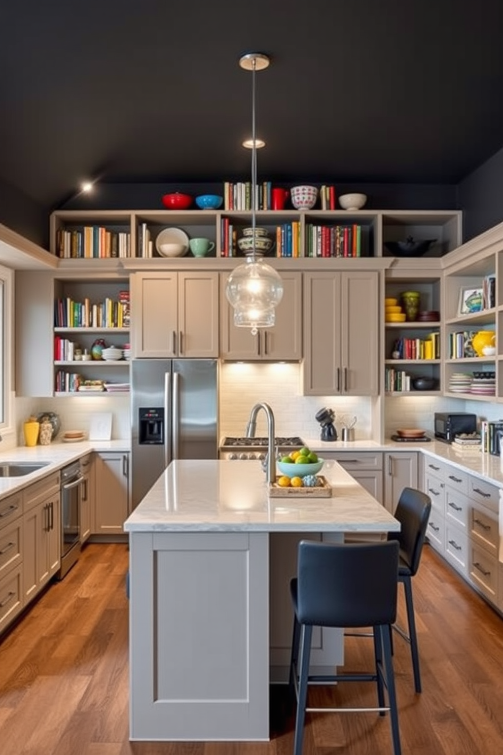 A stylish basement kitchen featuring open shelving that showcases an array of colorful dishes and cookbooks. The cabinetry is sleek and modern, with a large island at the center that includes bar seating and pendant lighting above.