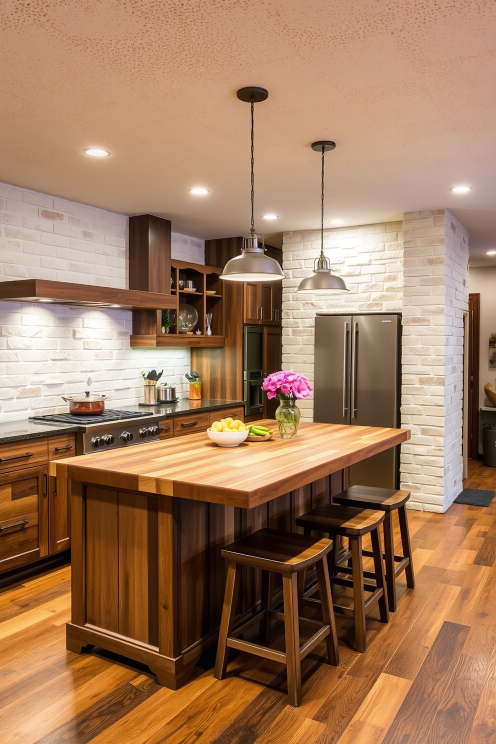 Textured walls create a warm and inviting atmosphere in the basement kitchen. The design features a combination of reclaimed wood and stone elements, enhancing the rustic charm of the space. A large island with a butcher block countertop serves as the centerpiece for cooking and entertaining. Pendant lights hang above, illuminating the area and adding a modern touch to the cozy environment.