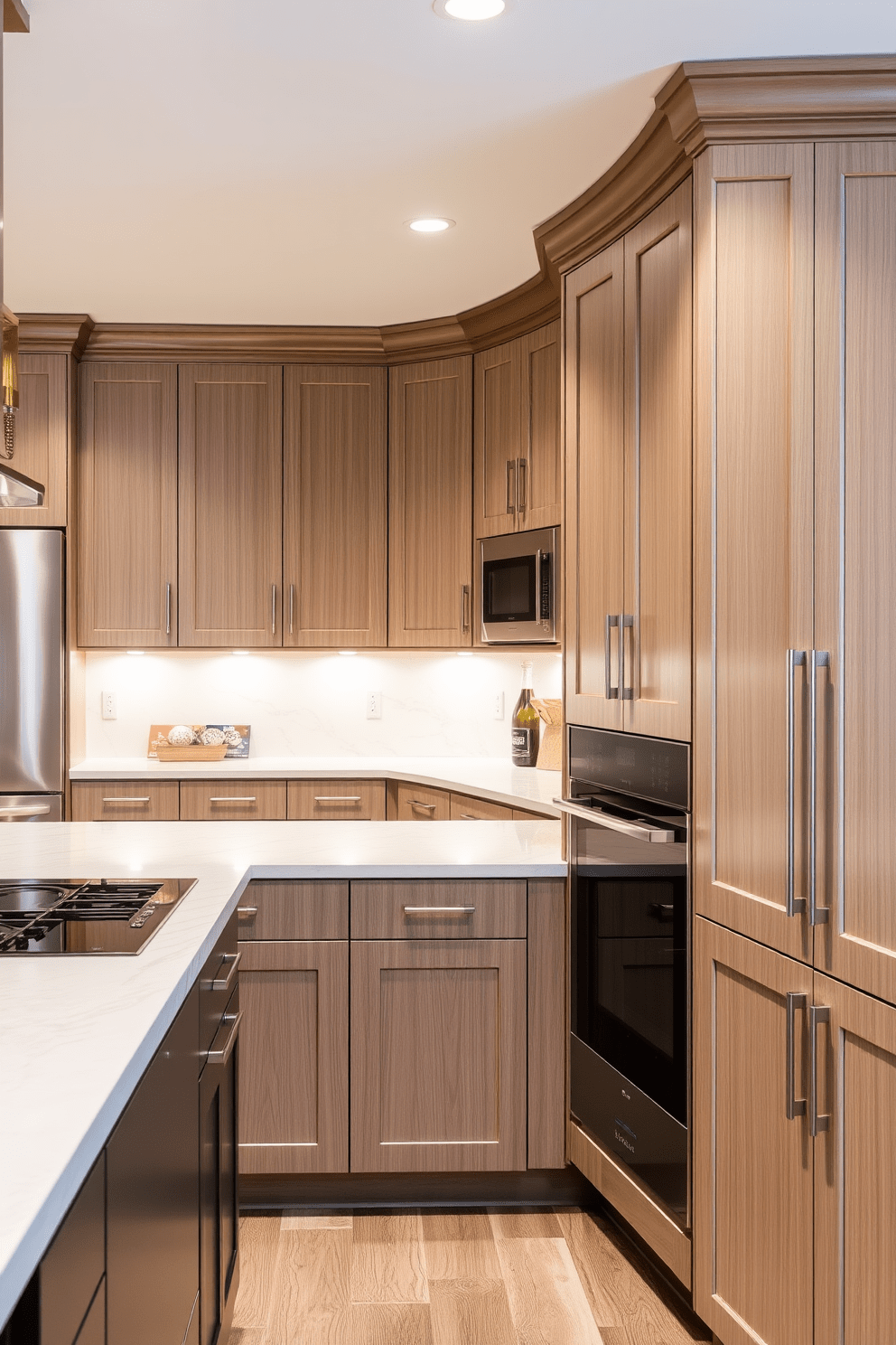 A modern basement kitchen designed for functionality and style. The cabinetry features sleek, handleless doors that conceal appliances, creating a seamless and uncluttered appearance. A large island serves as both a cooking and dining space, topped with a durable quartz surface. Soft under-cabinet lighting highlights the elegant finishes while maintaining a warm and inviting atmosphere.