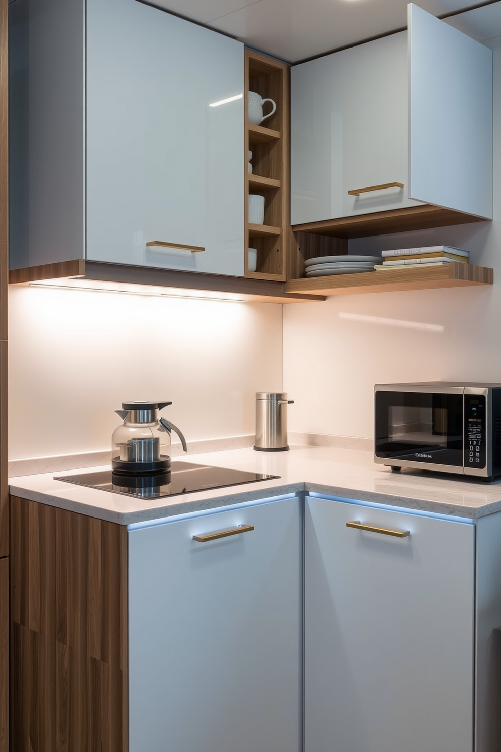 A compact kitchenette featuring innovative smart storage solutions. The cabinetry is sleek and modern, maximizing vertical space and minimizing clutter. The countertop is a durable quartz material, complemented by stylish, energy-efficient appliances. Soft LED lighting illuminates the space, creating a warm and inviting atmosphere.