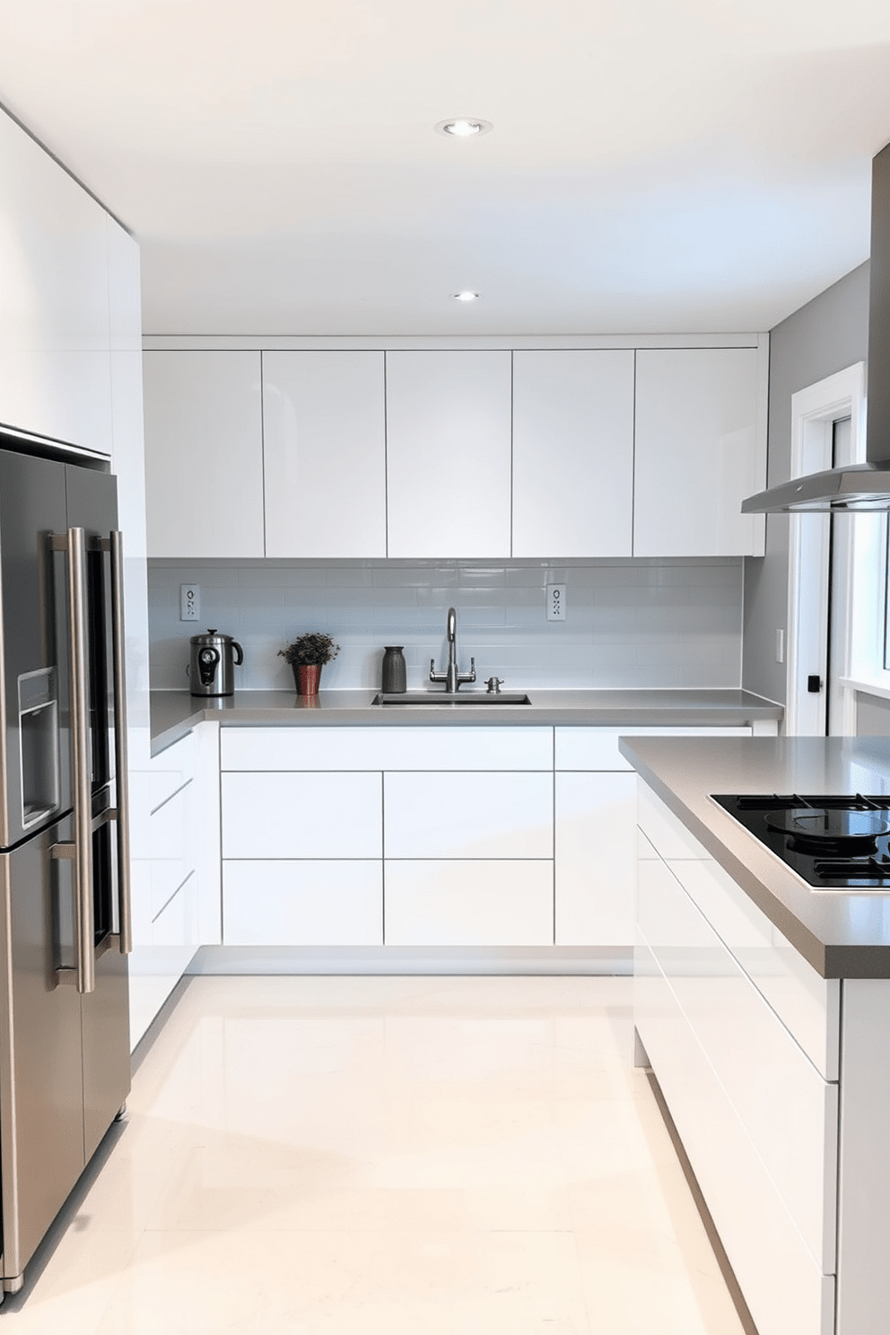 A modern minimalist basement kitchen featuring sleek finishes and a clean layout. The cabinetry is a soft white with a matte finish, complemented by stainless steel appliances and a large central island with a polished concrete countertop. The backsplash consists of simple white subway tiles that reflect light, enhancing the spacious feel. A few potted herbs sit on the windowsill, adding a touch of greenery to the understated elegance.