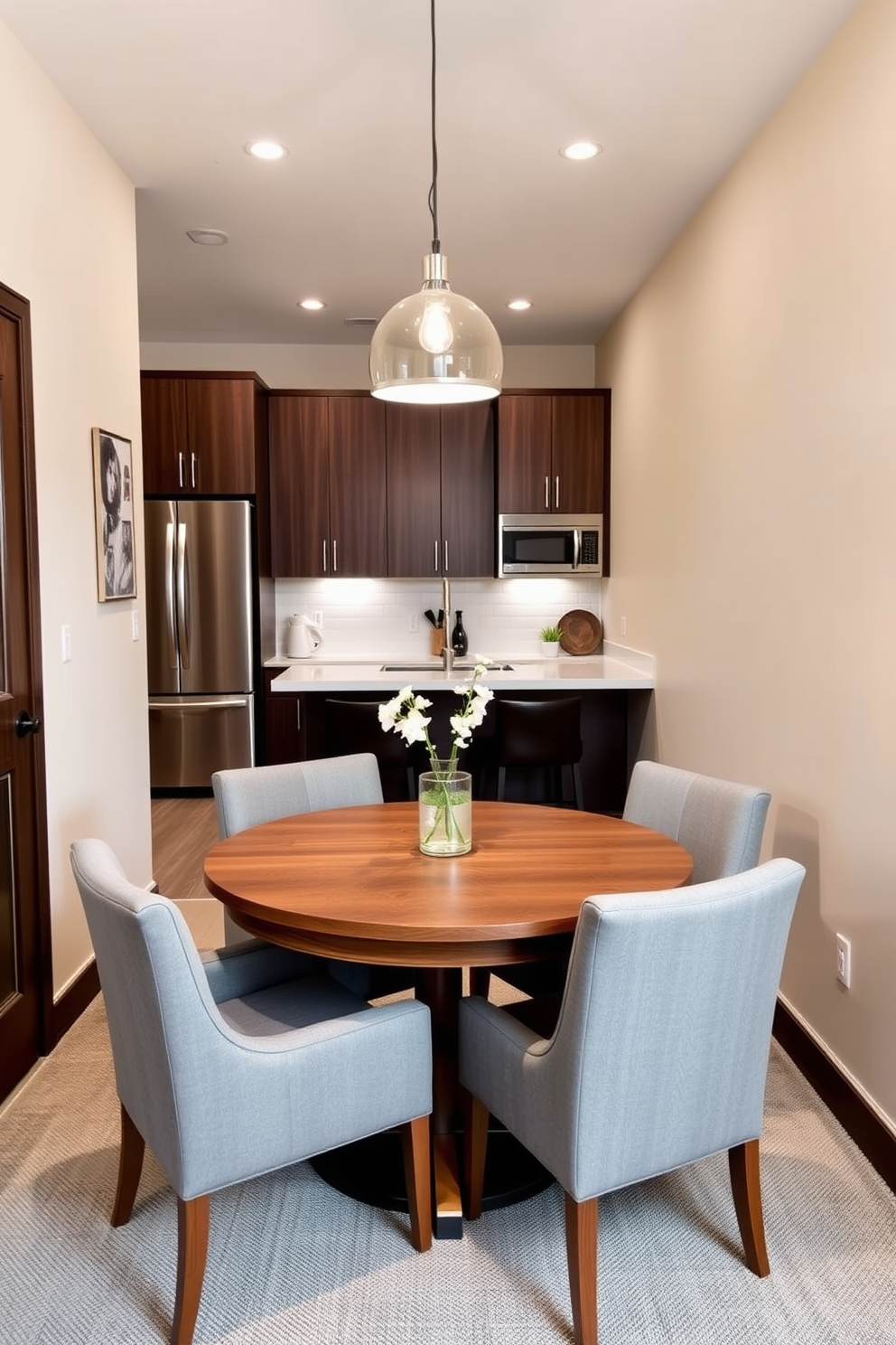 A compact dining area designed for small spaces features a round wooden table surrounded by four upholstered chairs in a soft gray fabric. The walls are painted in a light cream color, and a pendant light hangs above the table, creating an inviting ambiance. Incorporating a basement kitchen design, the layout includes sleek cabinetry in a dark walnut finish and stainless steel appliances for a modern touch. A small island with bar stools provides additional seating and functionality, making the most of the limited space.