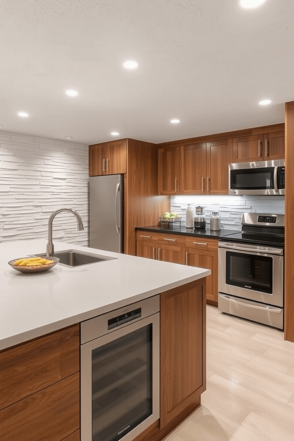 A stylish basement kitchen featuring textured walls that add depth and visual interest. The space includes modern cabinetry in a rich wood finish, paired with sleek stainless steel appliances and a spacious island for meal prep and casual dining.