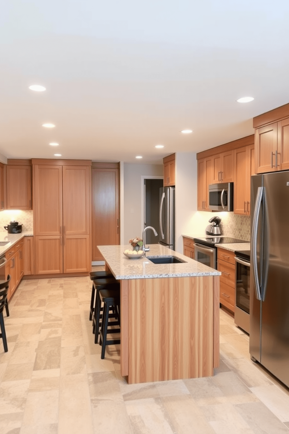 A functional basement kitchen featuring an open layout that maximizes space for easy movement. The kitchen includes a central island with seating, ample cabinetry, and stainless steel appliances for a modern touch.