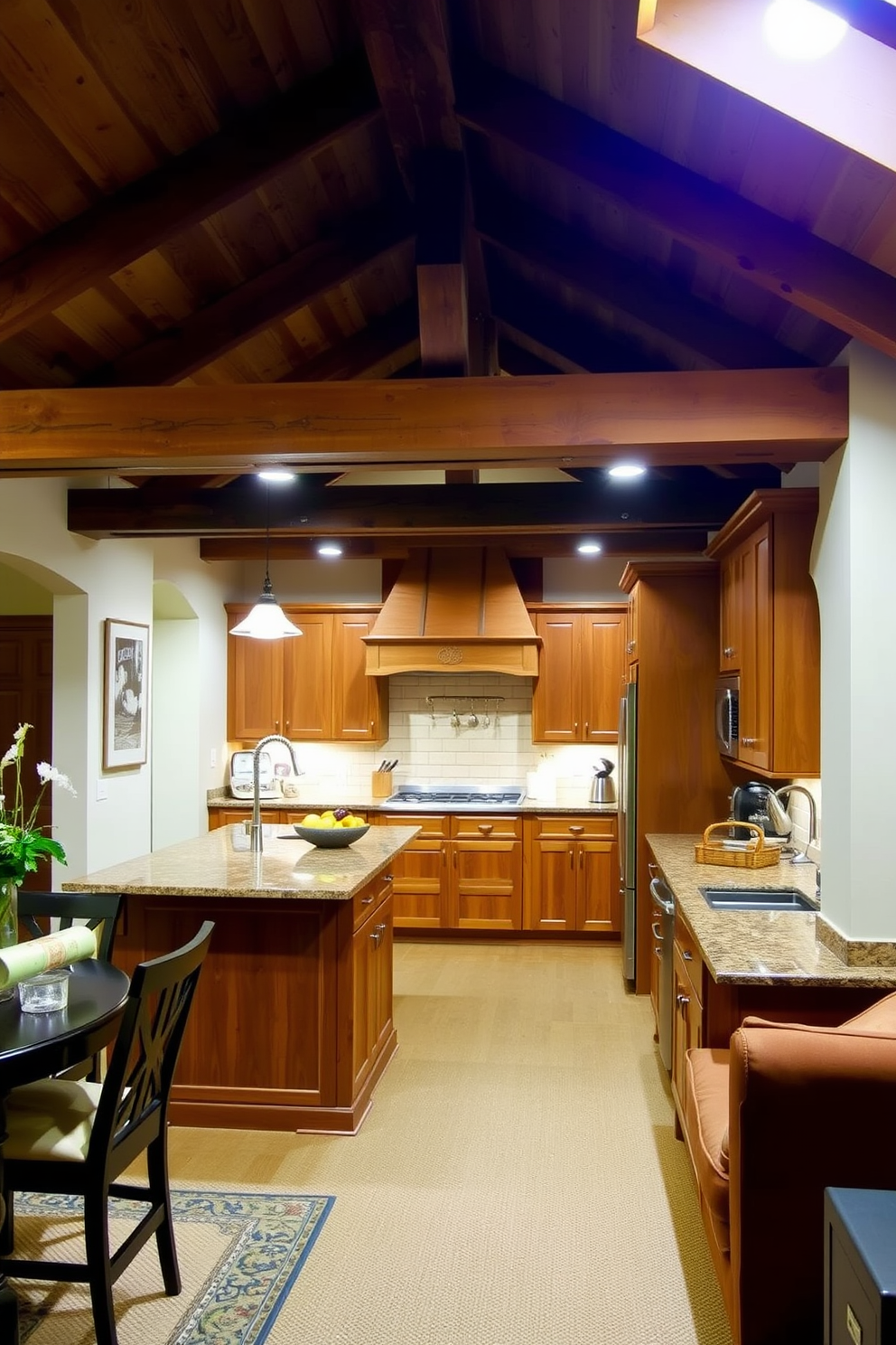 A cozy basement kitchen featuring exposed ceiling beams that add architectural interest. The design includes a large island with seating, surrounded by custom cabinetry in a warm wood finish.