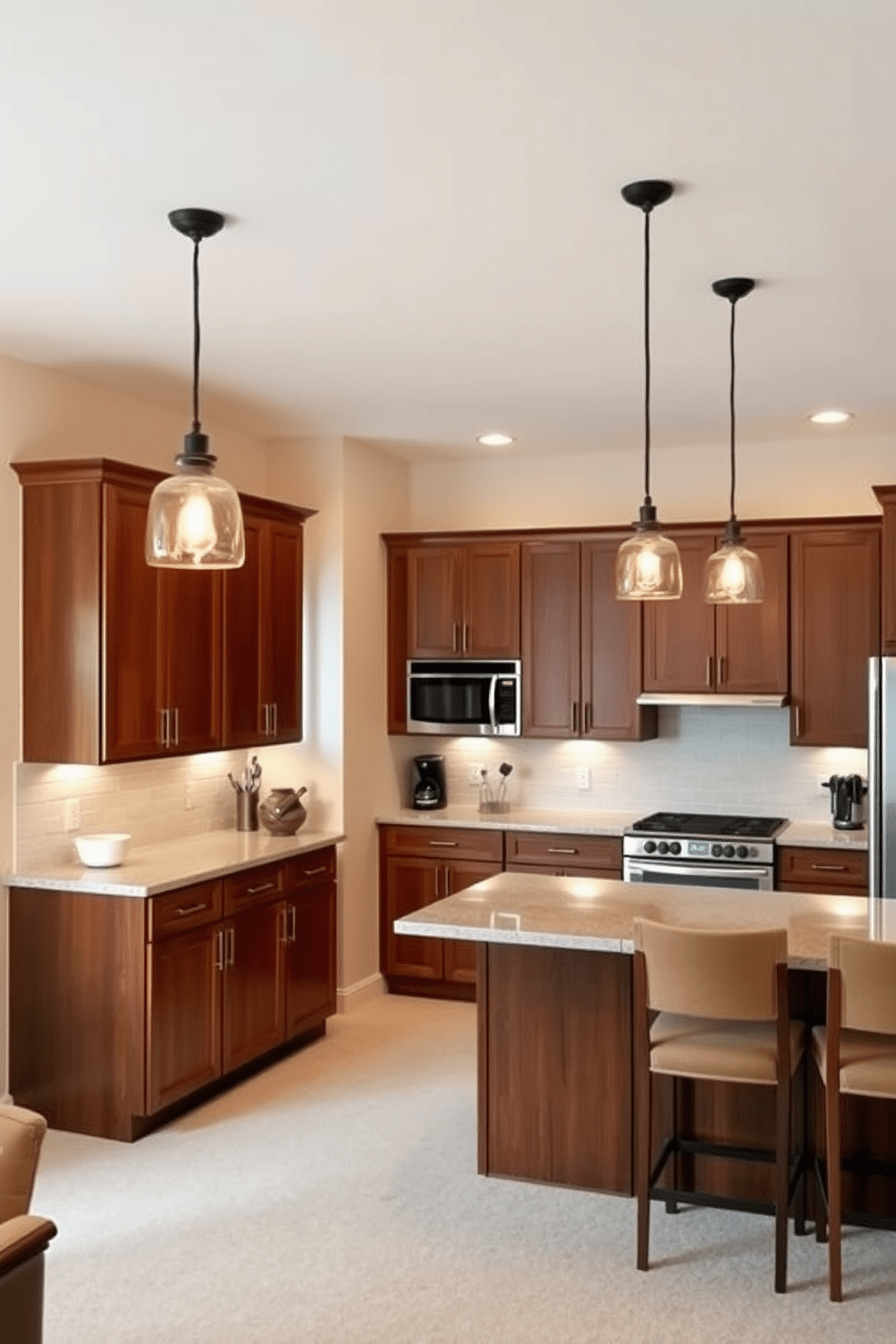 A cozy basement kitchen featuring stylish pendant lights that create a warm ambiance. The kitchen includes sleek cabinetry in a rich wood finish, complemented by a spacious island with bar seating. The pendant lights hang gracefully above the island, casting a soft glow over the space. The walls are painted in a light neutral tone, enhancing the overall brightness of the kitchen.