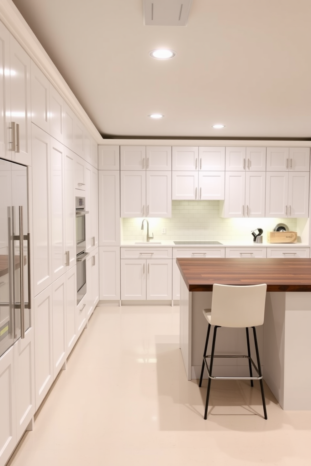 A spacious basement kitchen featuring floor-to-ceiling cabinets in a sleek white finish for maximum storage. The cabinets are complemented by a large central island with a contrasting dark wood countertop and modern bar stools.