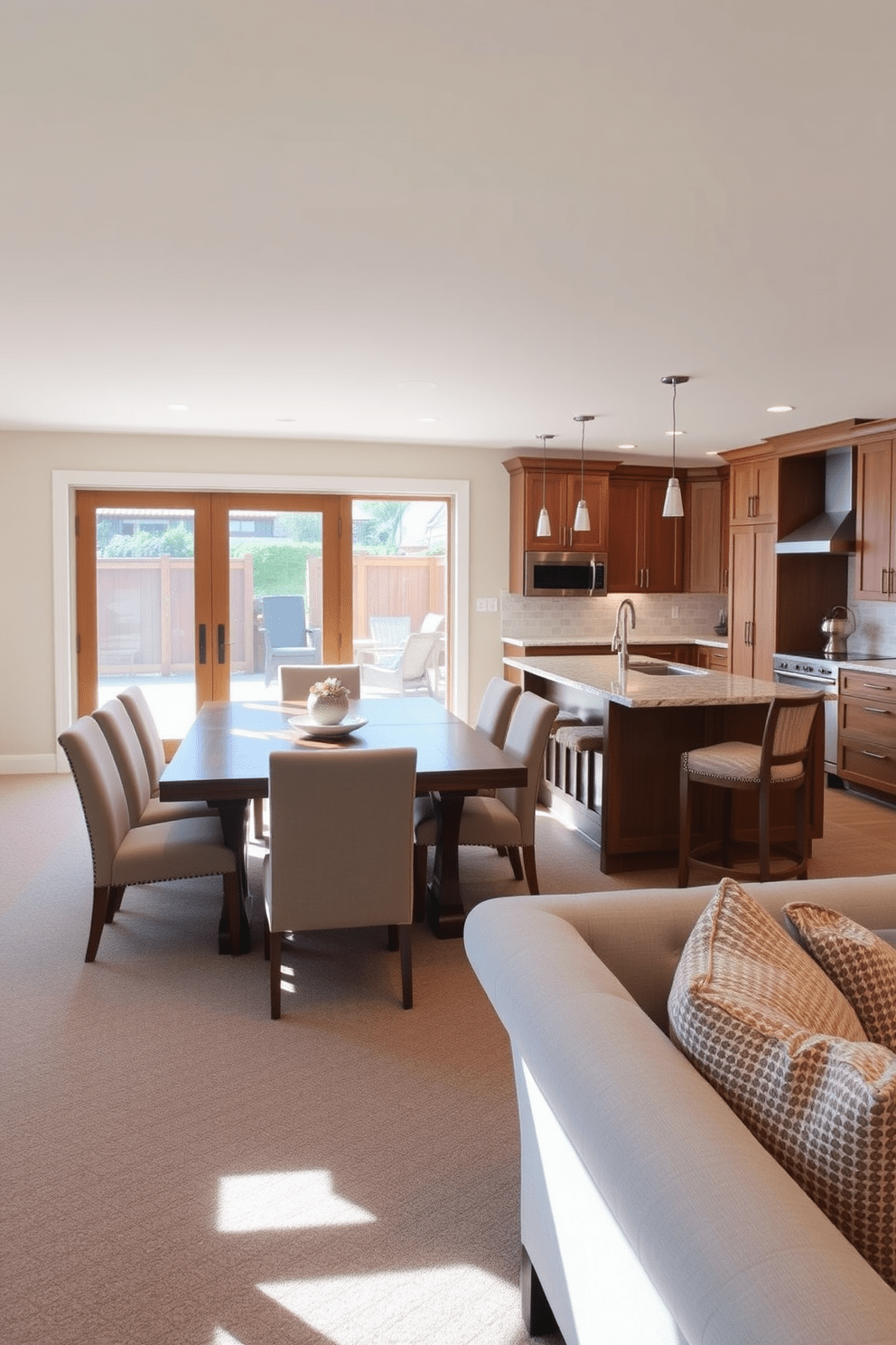 An integrated dining space designed for casual meals features a large wooden table surrounded by comfortable upholstered chairs. Natural light floods the area through a set of sliding glass doors that lead to an outdoor patio, enhancing the inviting atmosphere. The basement kitchen design includes modern appliances seamlessly integrated into custom cabinetry. A central island with bar seating serves as a functional space for meal prep and socializing, creating a warm and welcoming environment.