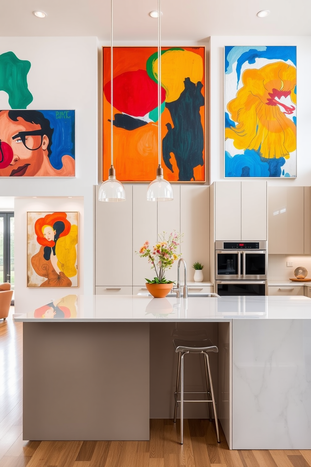 Bright artwork to liven up the space. The walls are adorned with large, colorful paintings that create a vibrant atmosphere. The kitchen features sleek cabinetry in a glossy finish. A spacious island with bar seating is the focal point, complemented by modern appliances and bright pendant lighting.