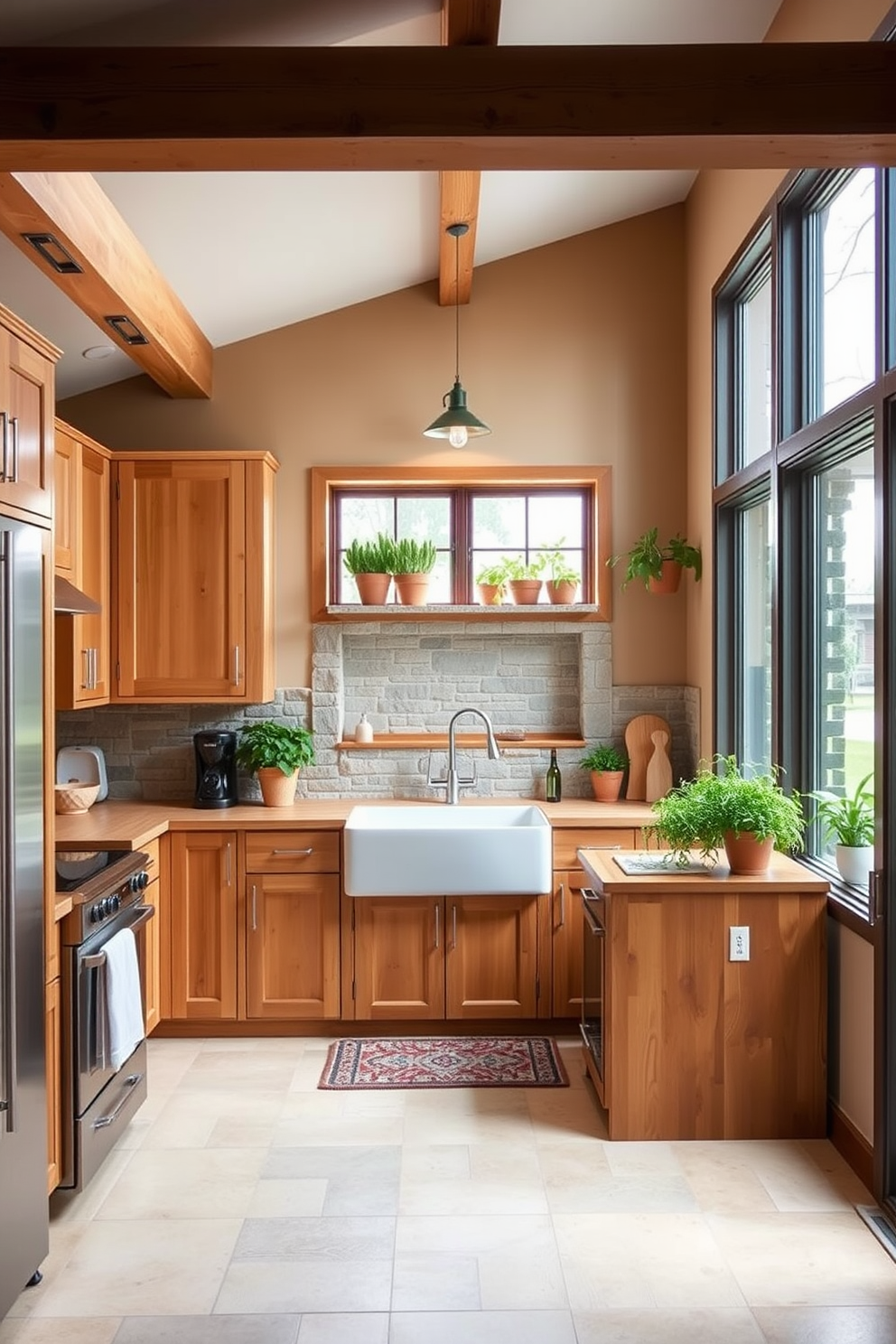 A cozy basement kitchen featuring natural wood cabinetry and a reclaimed wood island. The countertops are made of sustainable bamboo, and large windows let in plenty of natural light. The walls are painted in soft earth tones, complementing the stone backsplash made from local materials. A large farmhouse sink sits under the window, surrounded by potted herbs for a fresh, organic feel.