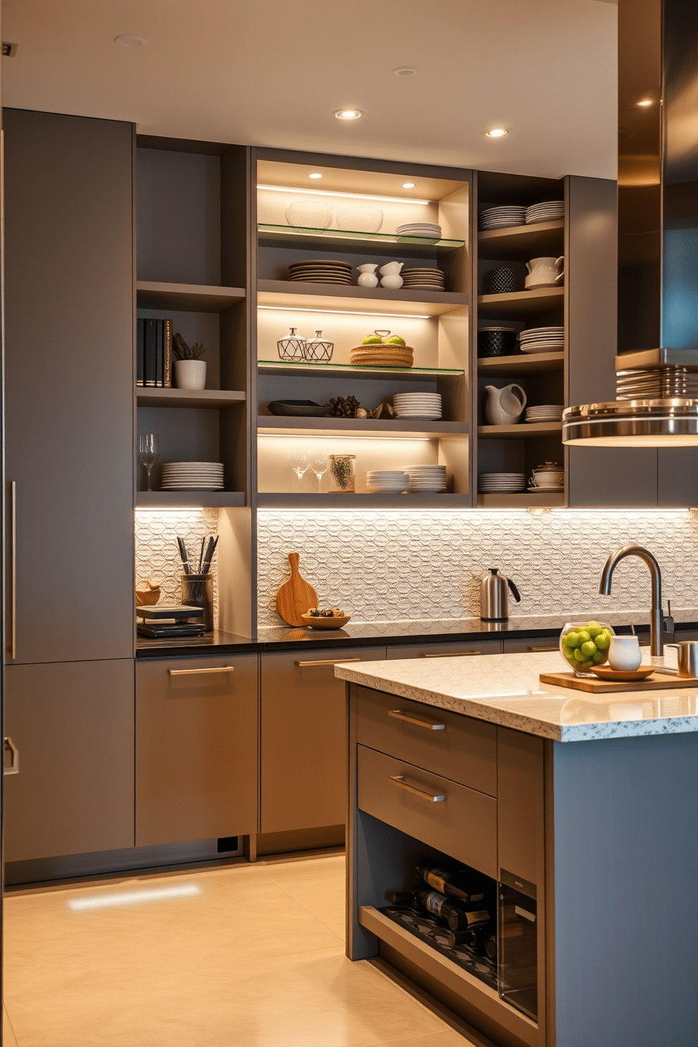 A modern basement kitchen with innovative vertical storage solutions. Sleek cabinetry extends to the ceiling, incorporating open shelves filled with stylish dishware and decorative items. The kitchen island features built-in drawers and a compact wine rack underneath. Soft LED lighting highlights the textured backsplash, creating an inviting atmosphere for cooking and entertaining.