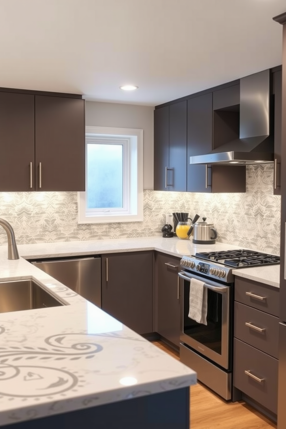 A chic basement kitchen featuring elegant backsplash tiles that add a stylish touch. The cabinetry is sleek and modern, complemented by stainless steel appliances and warm wood accents.