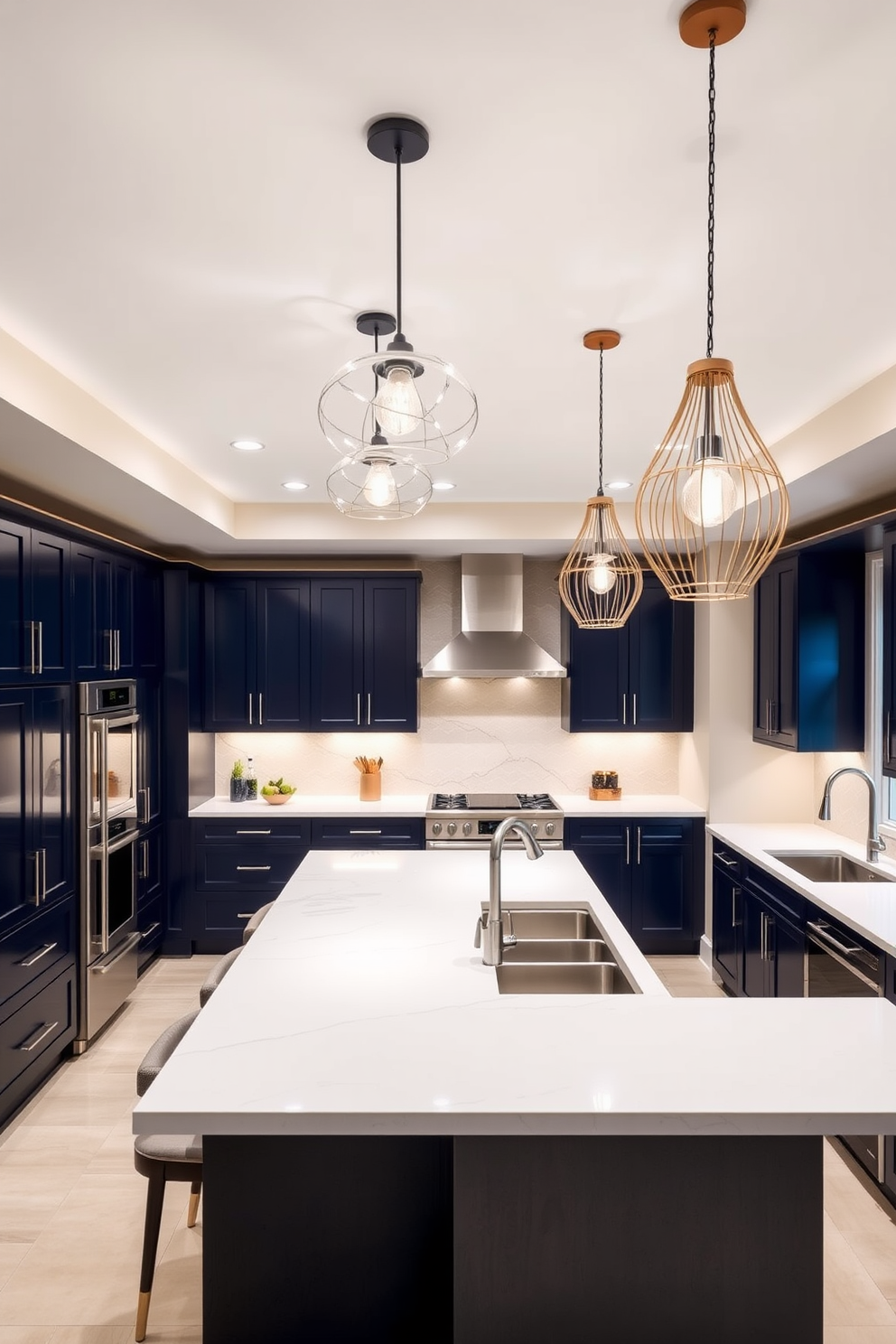 A basement kitchen featuring unique light fixtures as focal points. The space is designed with an open layout, showcasing a large island with bar seating and modern appliances. The ceiling is adorned with artistic pendant lights that create a warm ambiance. Sleek cabinetry in a deep navy blue contrasts beautifully with white quartz countertops, enhancing the overall aesthetic.