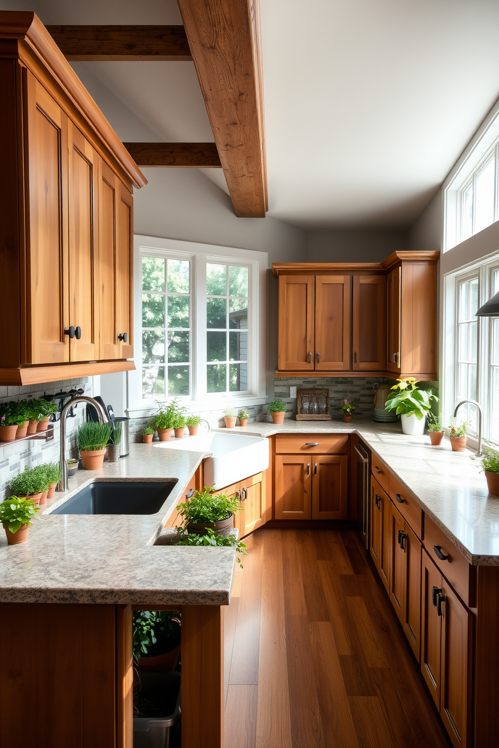 A cozy basement kitchen featuring a small herb garden integrated into the design. The kitchen includes rustic wooden cabinets, a farmhouse sink, and a large island with bar seating, surrounded by potted herbs for easy access. Natural light floods the space through a set of large windows, illuminating the warm tones of the cabinetry and countertops. A stylish backsplash complements the herb garden, creating a harmonious blend of functionality and aesthetics.