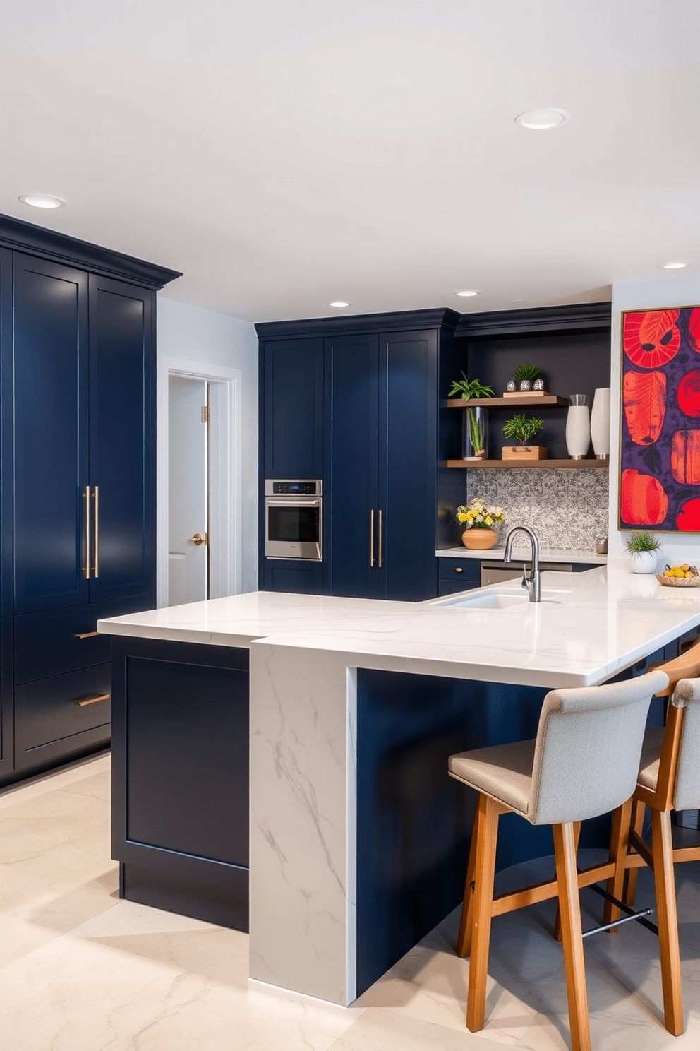 A modern basement kitchen featuring sleek cabinetry in a deep navy blue. The countertops are made of white quartz with subtle gray veining, and a large island with bar seating is at the center. The walls are adorned with vibrant wall art that adds a pop of color to the space. Decorative shelves display curated items and plants, creating an inviting atmosphere.