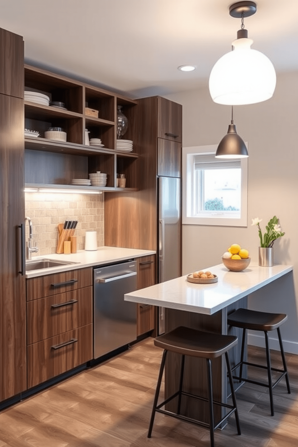 A compact basement kitchen designed for maximum efficiency. The cabinetry features sleek, modern finishes with open shelving above for easy access to essentials. A small island serves as both a prep area and a dining spot, with bar stools tucked underneath to save space. Bright pendant lights hang above, illuminating the area and creating a warm, inviting atmosphere.