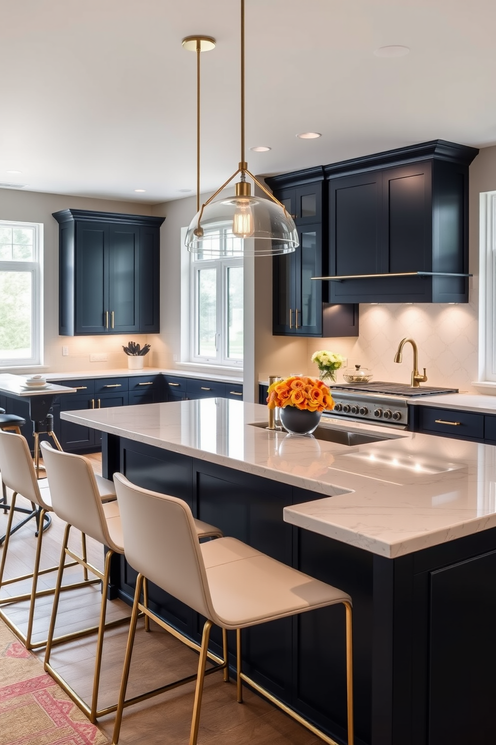 Stylish bar seating features sleek stools with a modern design, arranged around a large island with a polished quartz countertop. Above, elegant pendant lights hang, casting a warm glow over the space, creating an inviting atmosphere for gatherings. The basement kitchen showcases contemporary cabinetry in a rich navy blue, complemented by brushed gold hardware for a touch of sophistication. Large windows allow natural light to flood the area, enhancing the overall aesthetic and functionality of the kitchen.