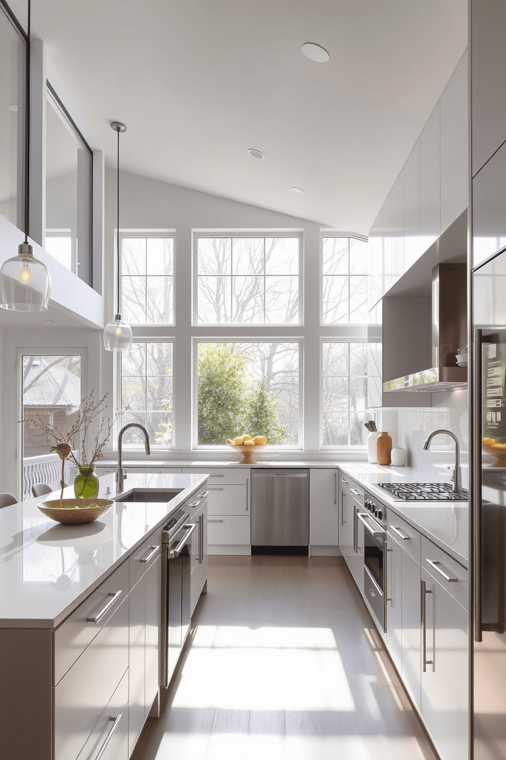 Bright and airy basement kitchen design featuring large windows that allow natural light to flood the space. The kitchen includes a spacious island with bar seating, sleek cabinetry in soft white, and stainless steel appliances that enhance the modern aesthetic.