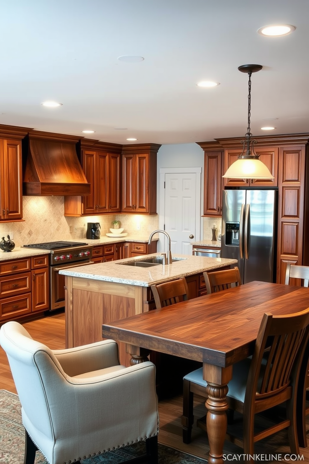 A cozy basement kitchen with warm wood tones that create a welcoming atmosphere. The cabinetry features rich oak finishes, complemented by a large island topped with a light granite surface. Soft, ambient lighting illuminates the space, enhancing the natural warmth of the wood. A rustic wooden dining table sits adjacent to the kitchen, surrounded by comfortable upholstered chairs.