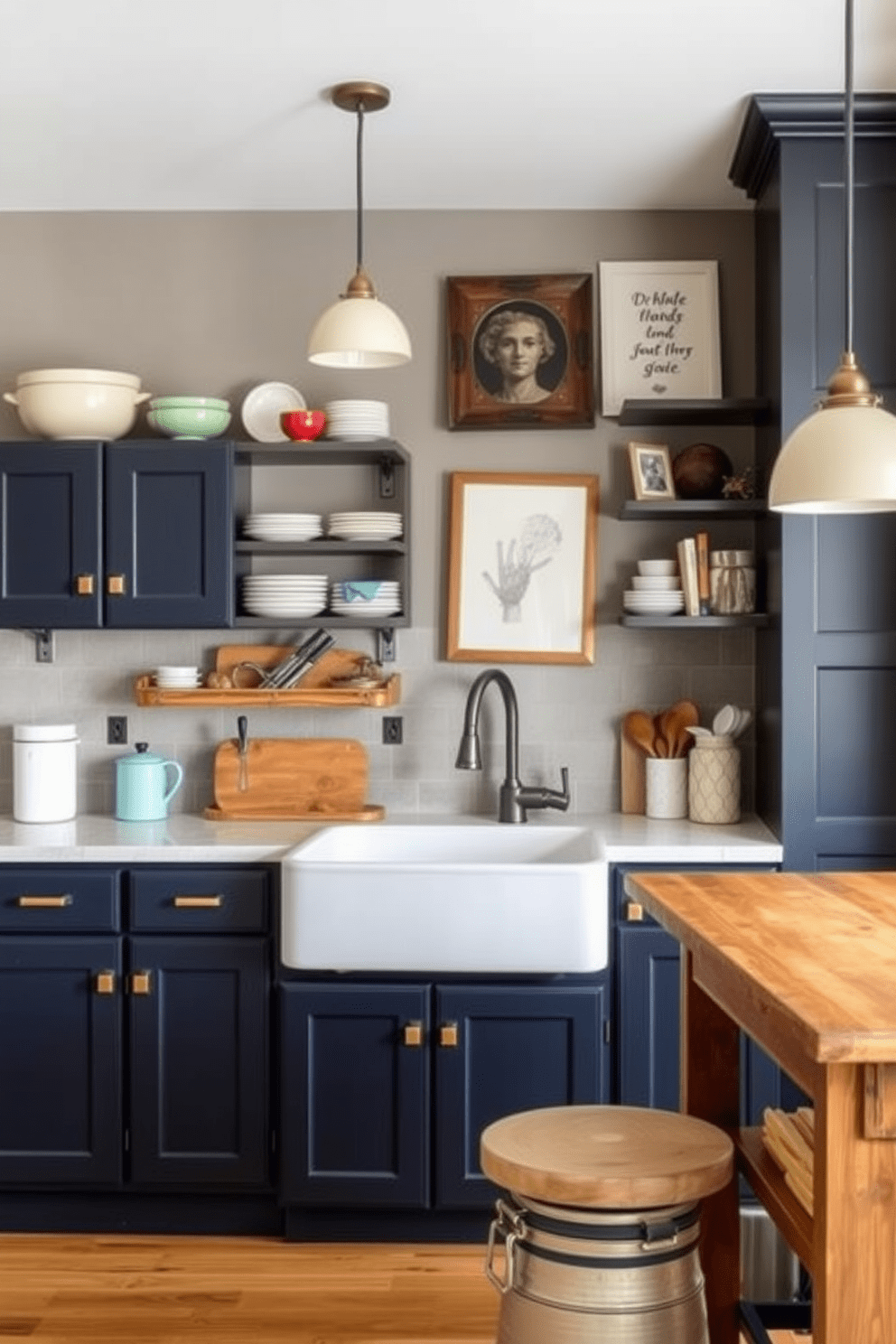 A cozy basement kitchen with a rustic charm. The cabinetry is a deep navy blue with brass handles, complemented by a large farmhouse sink and a wooden island topped with butcher block. Open shelving displays colorful dishware and personal mementos. Soft pendant lights hang above the island, creating a warm ambiance perfect for entertaining.