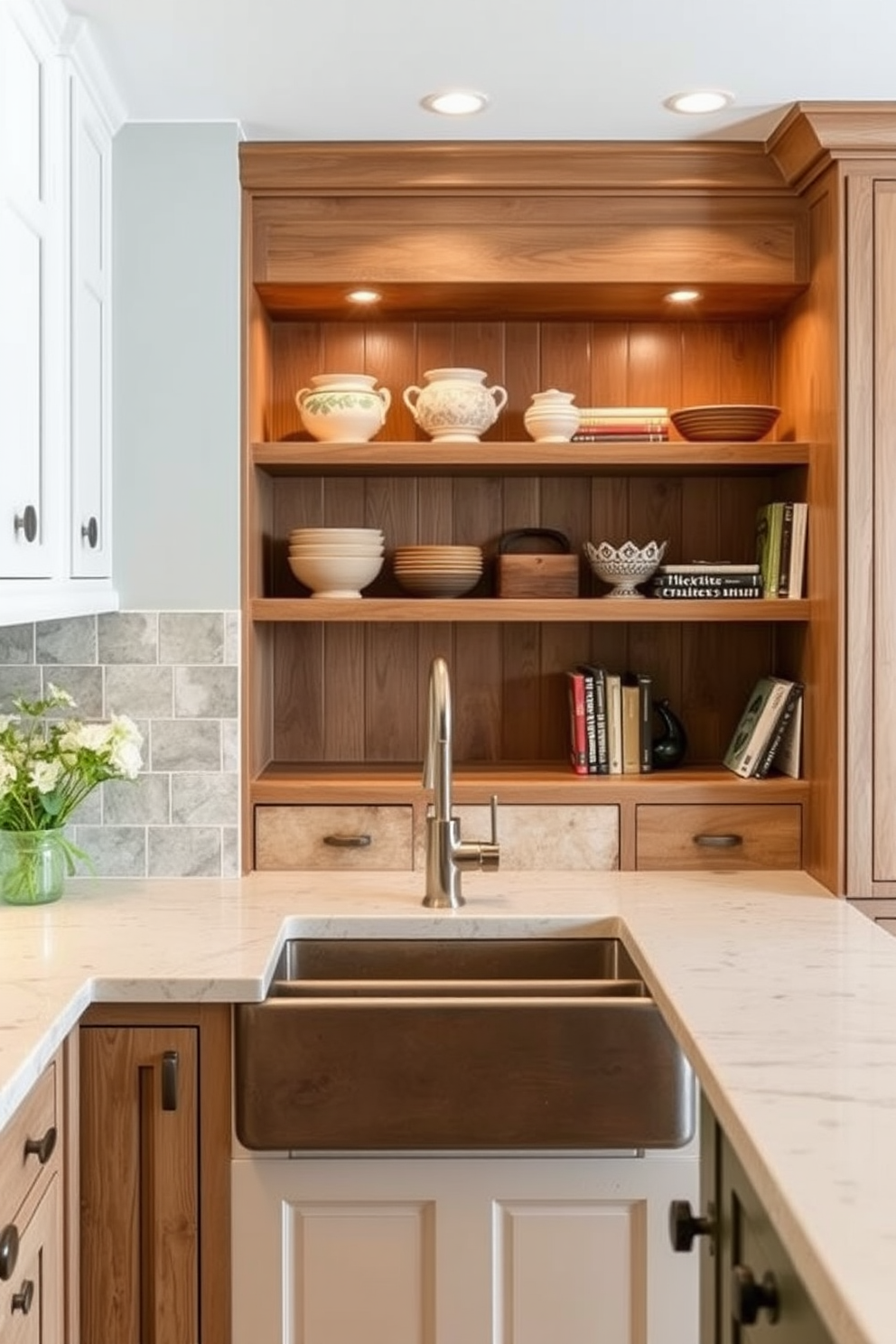 A rustic farmhouse sink is the centerpiece of this basement kitchen, complemented by sleek modern fixtures that blend traditional charm with contemporary elegance. The cabinetry features distressed wood finishes, and open shelving displays artisanal pottery and vintage cookbooks, creating a warm and inviting atmosphere.