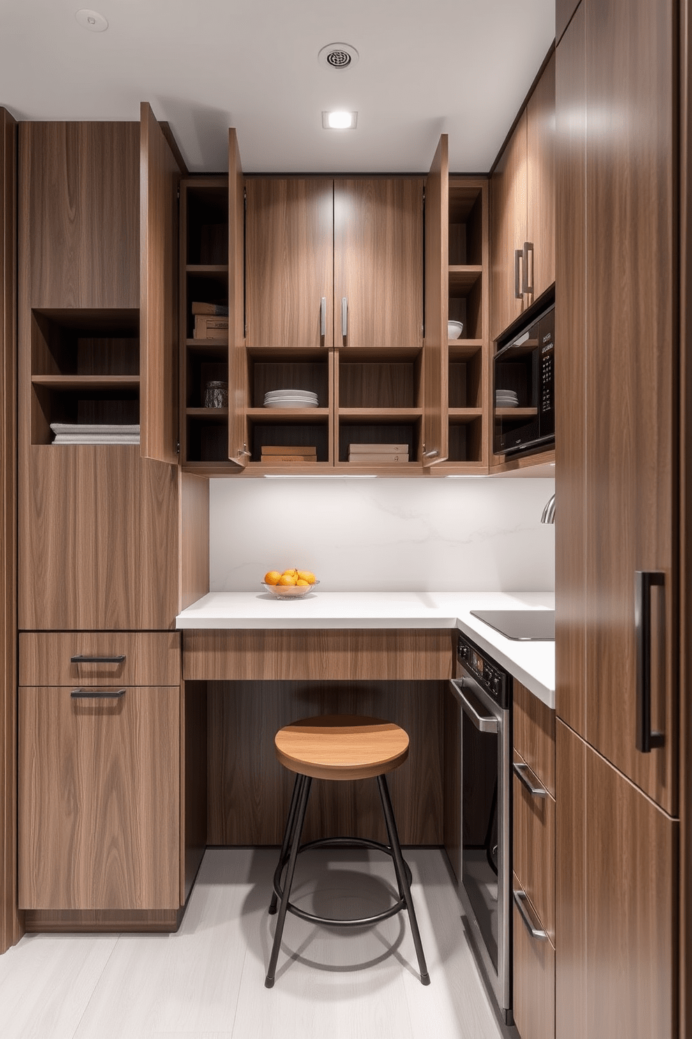 A compact kitchenette featuring clever storage solutions. The cabinetry is designed with pull-out shelves and hidden compartments, maximizing space efficiency. The countertops are a sleek quartz with a minimalist design. A small dining nook with two stools is integrated into the layout, providing a cozy eating area.