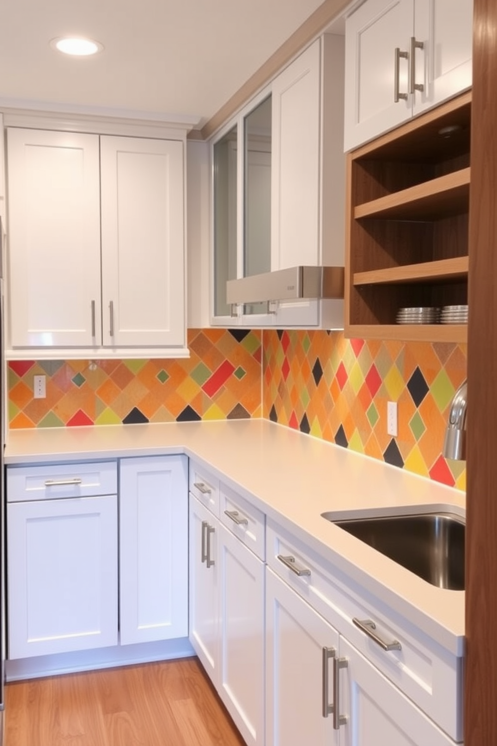 A bright and colorful backsplash features geometric patterns that create a striking focal point in the basement kitchen. The cabinetry is a sleek white with modern hardware, complemented by stainless steel appliances for a contemporary feel. The countertops are a polished quartz in a light hue, providing a clean and spacious work area. Warm wood accents in the shelving and flooring add a touch of coziness to the overall design.