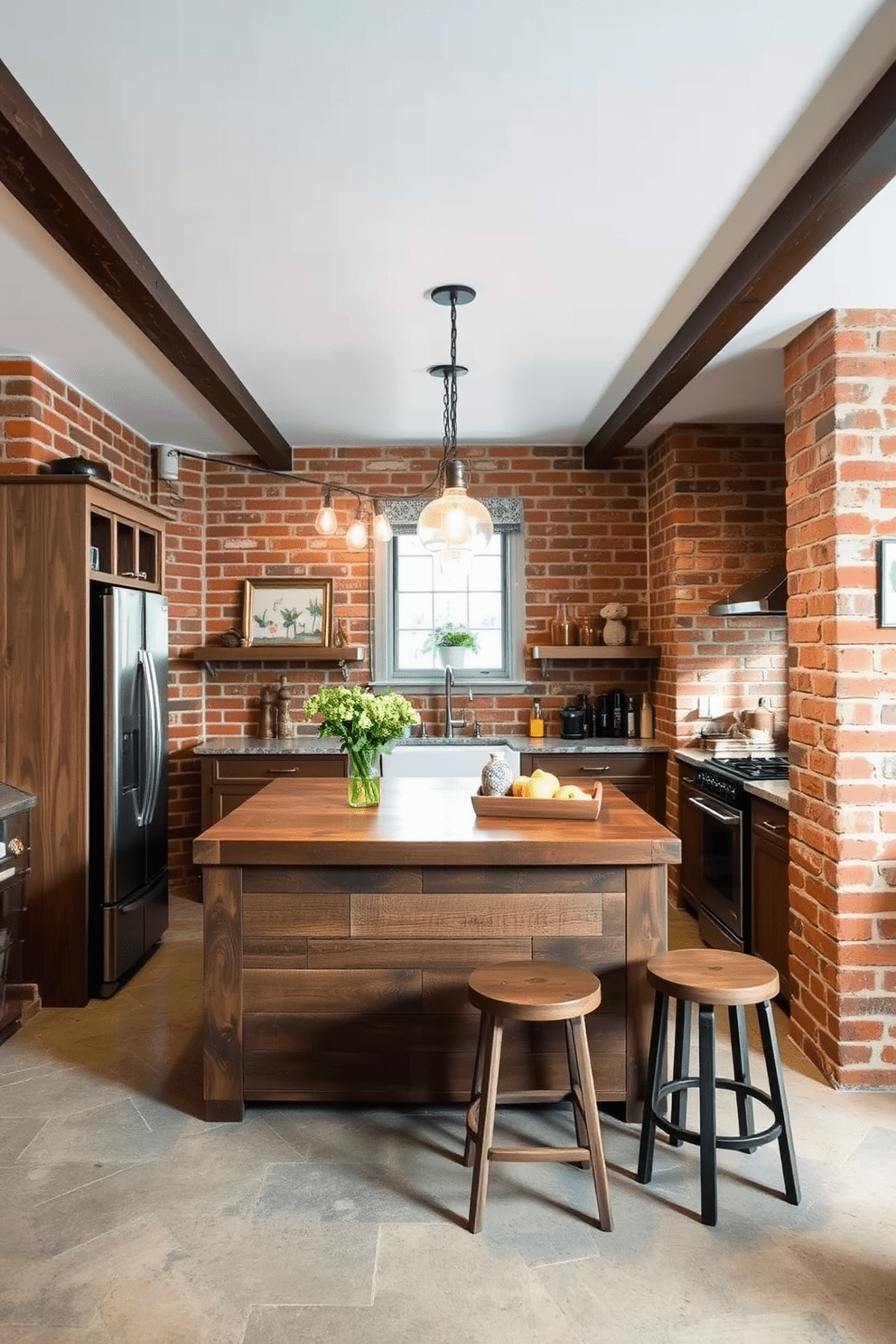 A cozy basement kitchen filled with rustic charm features exposed brick walls that add warmth and character to the space. The kitchen island, made of reclaimed wood, is complemented by vintage pendant lights hanging above, creating an inviting atmosphere for gatherings.