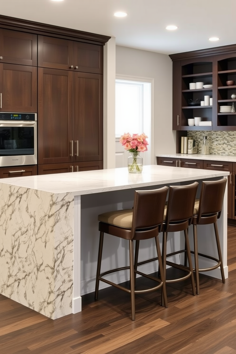 A multifunctional kitchen island features ample seating on one side, accommodating four bar stools with comfortable cushions. The opposite side includes built-in storage cabinets and shelves, seamlessly blending style and practicality in a modern basement kitchen design.