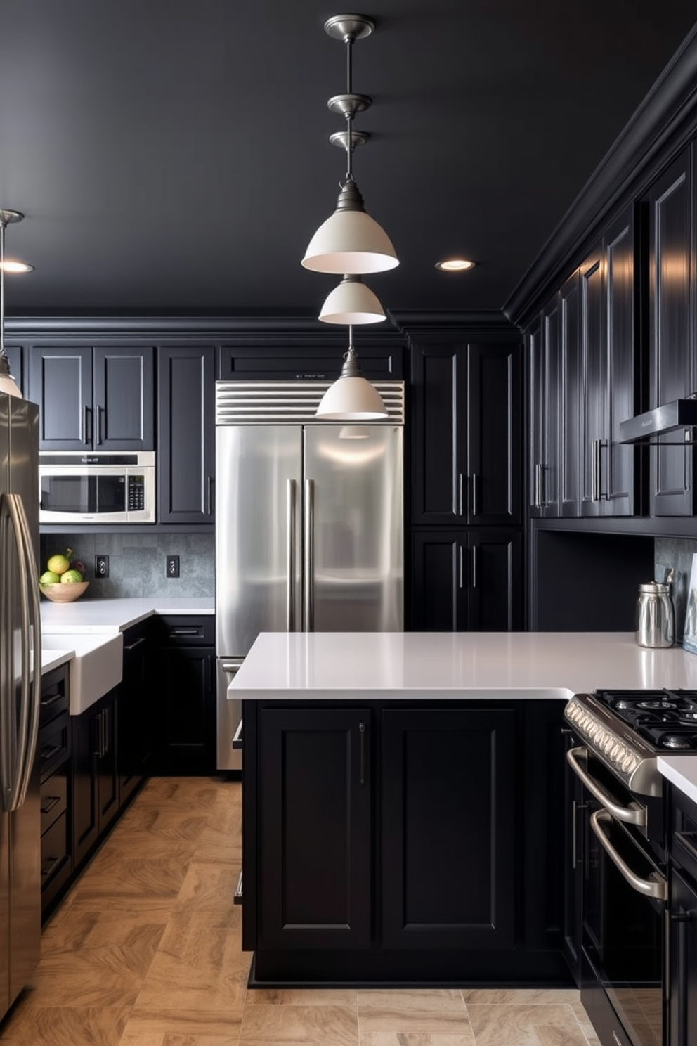 A basement kitchen featuring dark cabinetry that creates a dramatic and sophisticated atmosphere. The cabinets are complemented by sleek stainless steel appliances and a large island with a contrasting white countertop. The walls are painted in a deep charcoal hue, enhancing the richness of the cabinetry. Bright pendant lights hang above the island, providing ample illumination and a modern touch to the space.