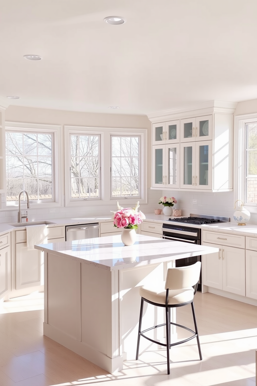 A bright and airy basement kitchen featuring light-colored cabinetry and countertops that reflect natural light. Large windows allow sunlight to flood the space, creating a warm and inviting atmosphere. The kitchen island is topped with a light marble surface and complemented by stylish bar stools. Soft pastel accents in the decor and accessories add a touch of color without overwhelming the serene aesthetic.