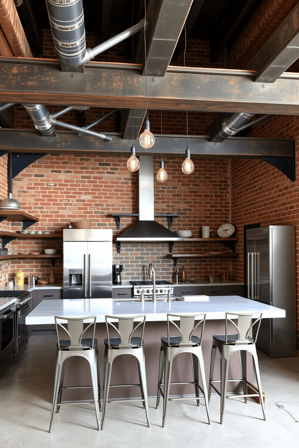 An industrial basement kitchen featuring exposed brick walls and large metal beams. The space is accented with stainless steel appliances and open shelving made from reclaimed wood and metal brackets. A large kitchen island with a concrete countertop serves as the centerpiece, surrounded by high-backed stools with metal frames. Pendant lights with Edison bulbs hang above, adding warmth to the industrial aesthetic.