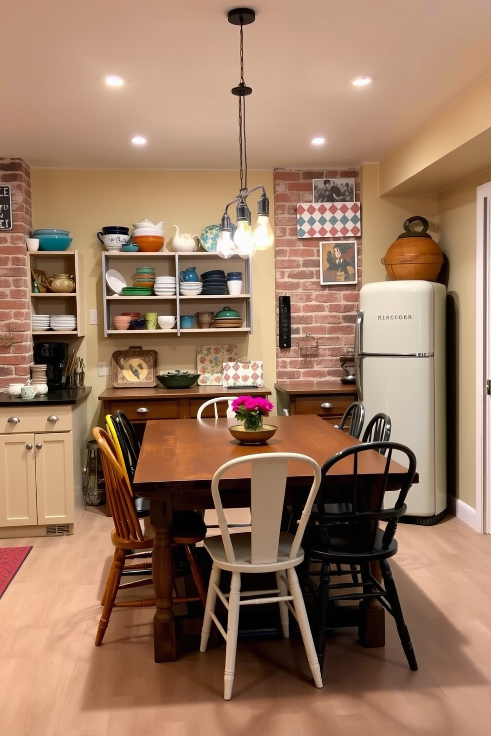 A cozy basement kitchen design featuring vintage decor accents. The space includes a rustic wooden dining table surrounded by mismatched chairs, and open shelves displaying colorful ceramic dishes. The walls are painted in a warm cream color, complemented by exposed brick accents. A vintage-style refrigerator stands in the corner, while pendant lights with Edison bulbs hang above the table, creating an inviting atmosphere.