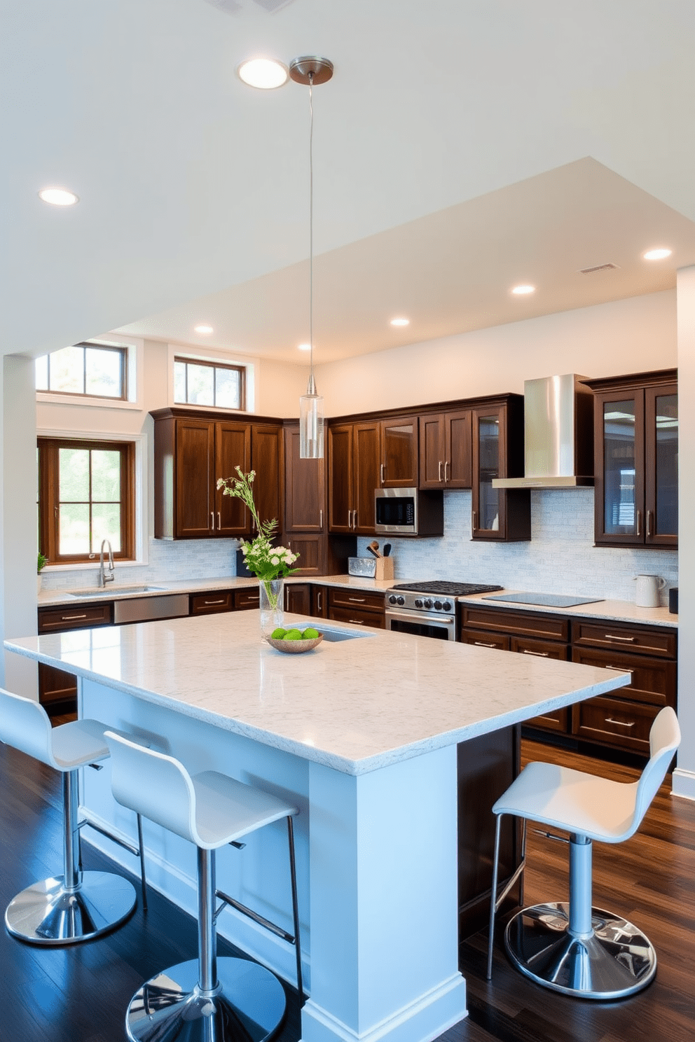 A functional island with ample prep space is the centerpiece of this basement kitchen. The island features a sleek quartz countertop and is surrounded by stylish bar stools for casual dining. The cabinetry is a mix of dark wood and white finishes, providing a modern contrast. Large windows allow natural light to flood the space, highlighting the open layout and inviting atmosphere.