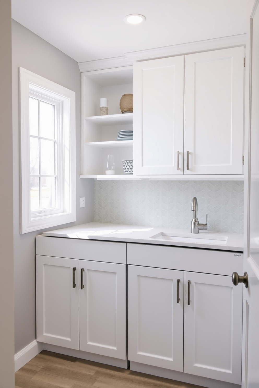 Bright white cabinetry creates a clean and modern aesthetic in the basement laundry room. The cabinetry features sleek handles and is complemented by a spacious countertop for folding clothes. The walls are painted in a soft gray to enhance the brightness of the space. A stylish backsplash in a geometric pattern adds visual interest behind the sink area. Incorporate open shelving above the cabinetry for easy access to laundry essentials. A large window allows natural light to flood the room, making it feel inviting and airy.