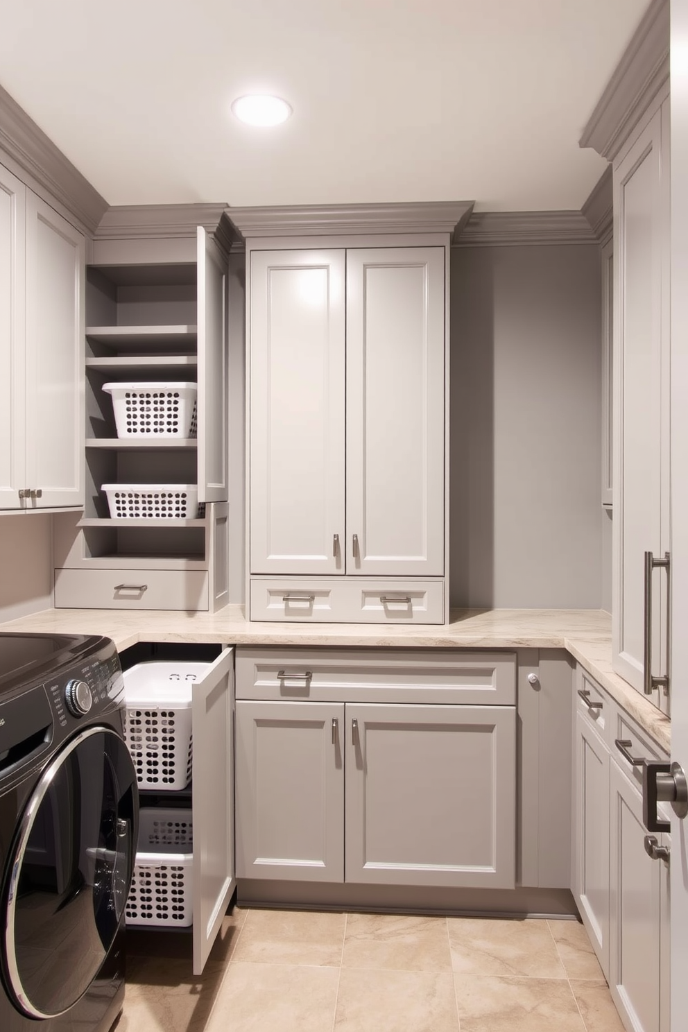 A spacious basement laundry room features custom cabinetry with laundry basket pullouts for organized sorting. The room is designed with a neutral color palette, including soft gray walls and a durable tile floor that is easy to clean.