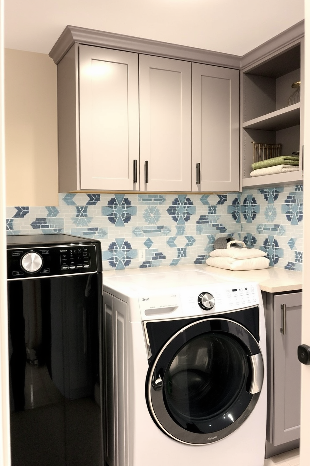 A chic tile backsplash adds a pop of color and texture to the basement laundry room. Featuring a mix of geometric patterns in shades of blue and white, the backsplash creates a focal point that enhances the overall design. The laundry room is equipped with sleek cabinetry in a soft gray finish, providing ample storage space. A stylish countertop in a light quartz material complements the backsplash, offering a functional area for folding clothes.