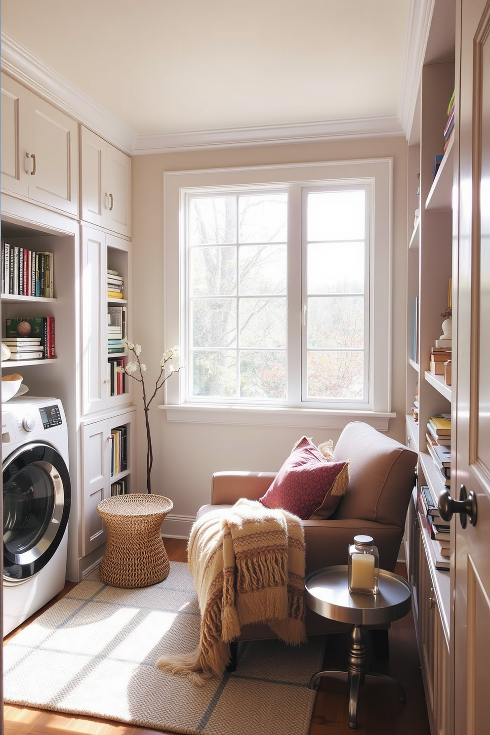 Cozy reading nook in laundry area. A comfortable armchair is positioned next to a floor-to-ceiling window, allowing natural light to flood the space. Surrounding the nook are built-in shelves filled with books and decorative items. Soft textiles, including a plush throw blanket and a small side table, create an inviting atmosphere.