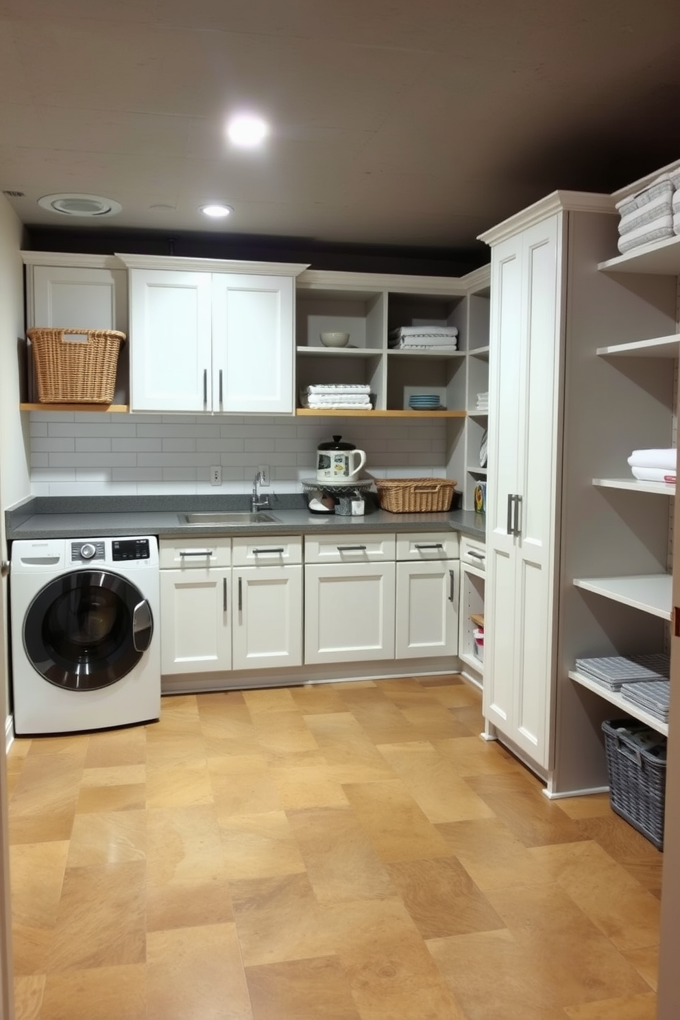 A functional basement laundry room features durable flooring options like luxury vinyl tiles or polished concrete that can withstand high traffic. The space is well-lit with overhead lighting and includes ample storage solutions such as built-in cabinets and open shelving.