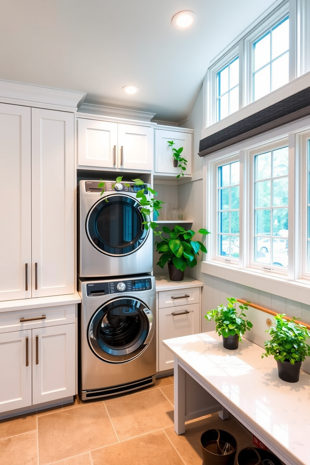 A bright and inviting basement laundry room features built-in cabinetry painted in a soft white finish. Large windows allow natural light to flood the space, enhancing the vibrant green plants placed on the shelves and countertops. The laundry machines are stacked for efficiency, surrounded by a stylish countertop made of quartz. A cozy seating nook with a small table is adorned with potted herbs, creating a fresh and functional atmosphere.