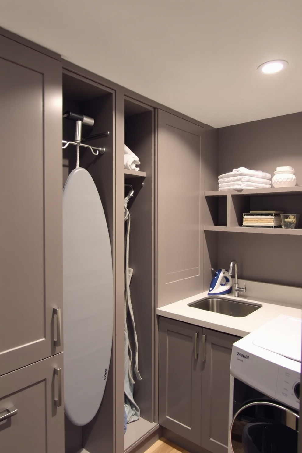 A functional basement laundry room featuring a built-in ironing board seamlessly integrated into the cabinetry. The space includes ample storage with sleek cabinets and a countertop for folding clothes, illuminated by soft overhead lighting.