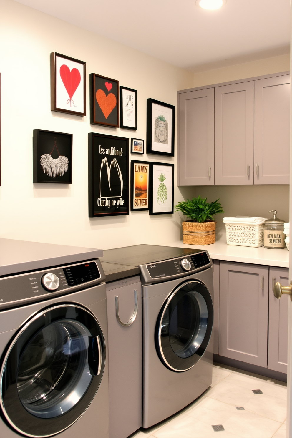 A stylish basement laundry room featuring personalized wall art that reflects individual taste. The space includes modern appliances with a sleek design, surrounded by cabinetry in a soft gray finish.