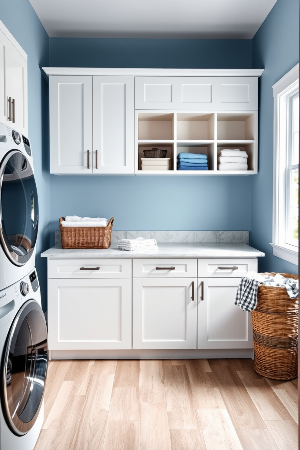 A functional laundry folding station with ample countertop space is designed for efficiency. The walls are painted in a soft blue hue, and the floor is covered with durable vinyl tiles that mimic the look of wood. The folding station features a spacious surface made of quartz, complemented by open shelving above for easy access to laundry essentials. To the side, a stylish basket holds freshly laundered clothes, while a bright window allows natural light to fill the room.