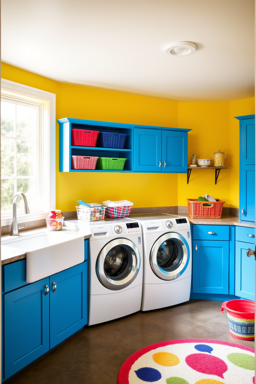 A vibrant basement laundry room filled with bright colors to energize the space. The walls are painted in a cheerful yellow, complemented by bright blue cabinetry that provides ample storage. The laundry machines are front-loading and stacked to save space, surrounded by colorful baskets for sorting clothes. A large window lets in natural light, and a playful rug adds a touch of warmth to the floor.