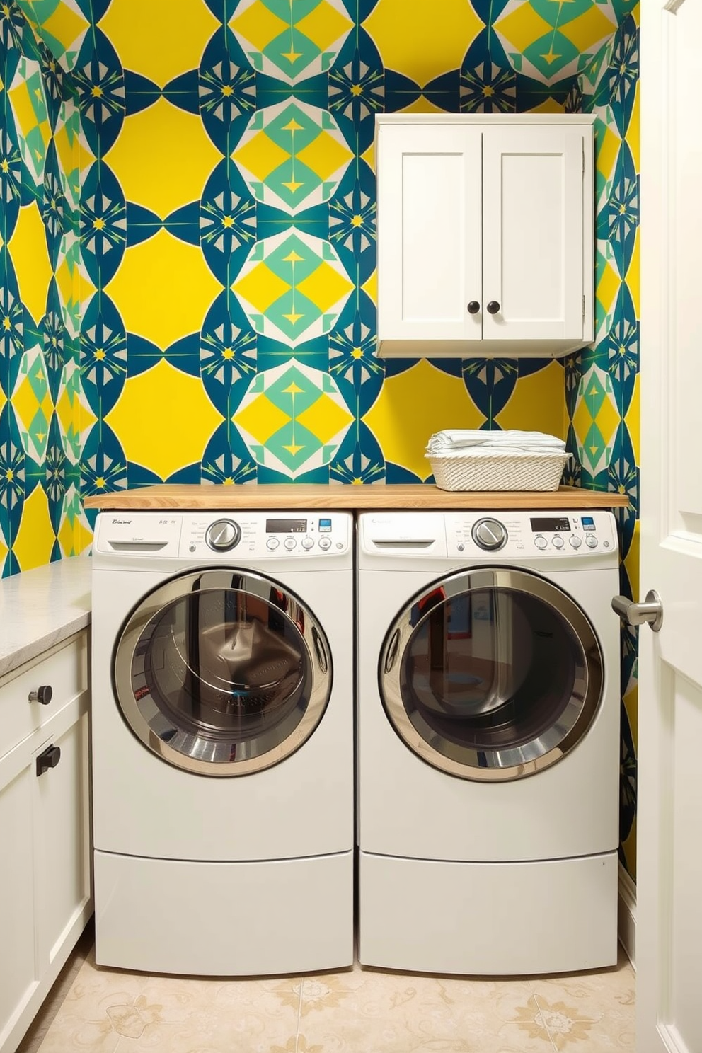 A basement laundry room featuring bold geometric wallpaper that creates a striking focal point. The room is equipped with modern appliances, including a sleek washer and dryer set, surrounded by ample storage solutions. The geometric patterns on the wallpaper are complemented by a bright color palette, adding energy to the space. A functional countertop is placed above the machines, providing a convenient area for folding laundry and organizing supplies.