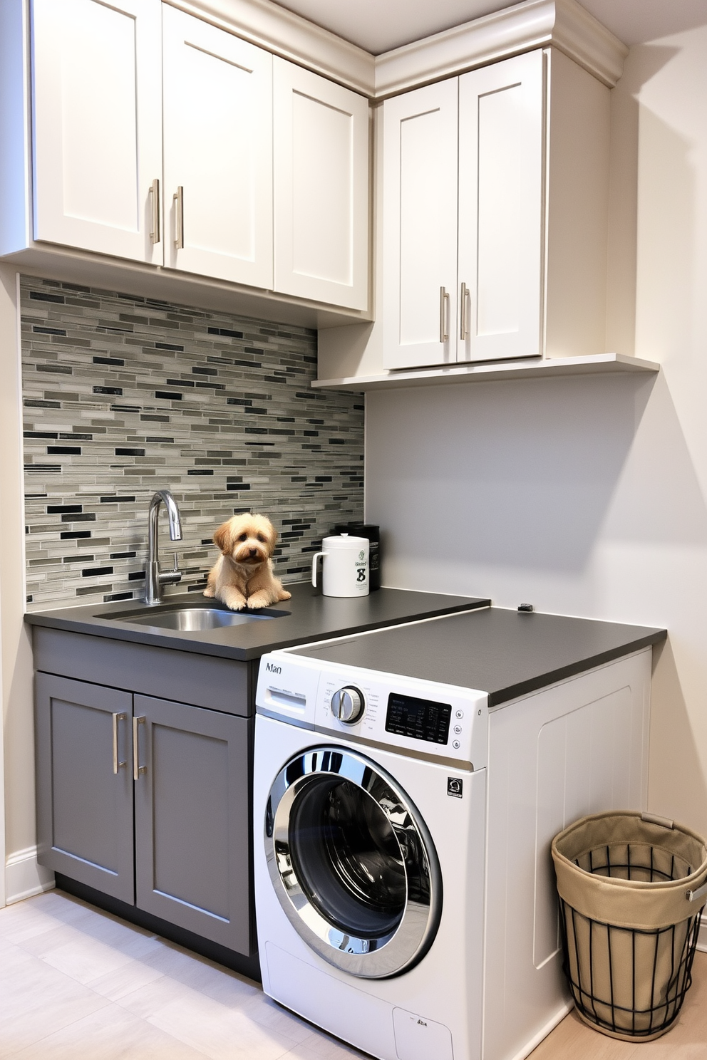 A functional mini pet washing station is designed with a deep basin sink that accommodates pets of various sizes. The area features durable, water-resistant cabinetry and a tiled backsplash for easy cleaning. The basement laundry room is equipped with a front-loading washer and dryer, set into a sleek countertop for folding clothes. Ample storage is provided by overhead cabinets, and a stylish laundry basket sits in the corner for convenience.