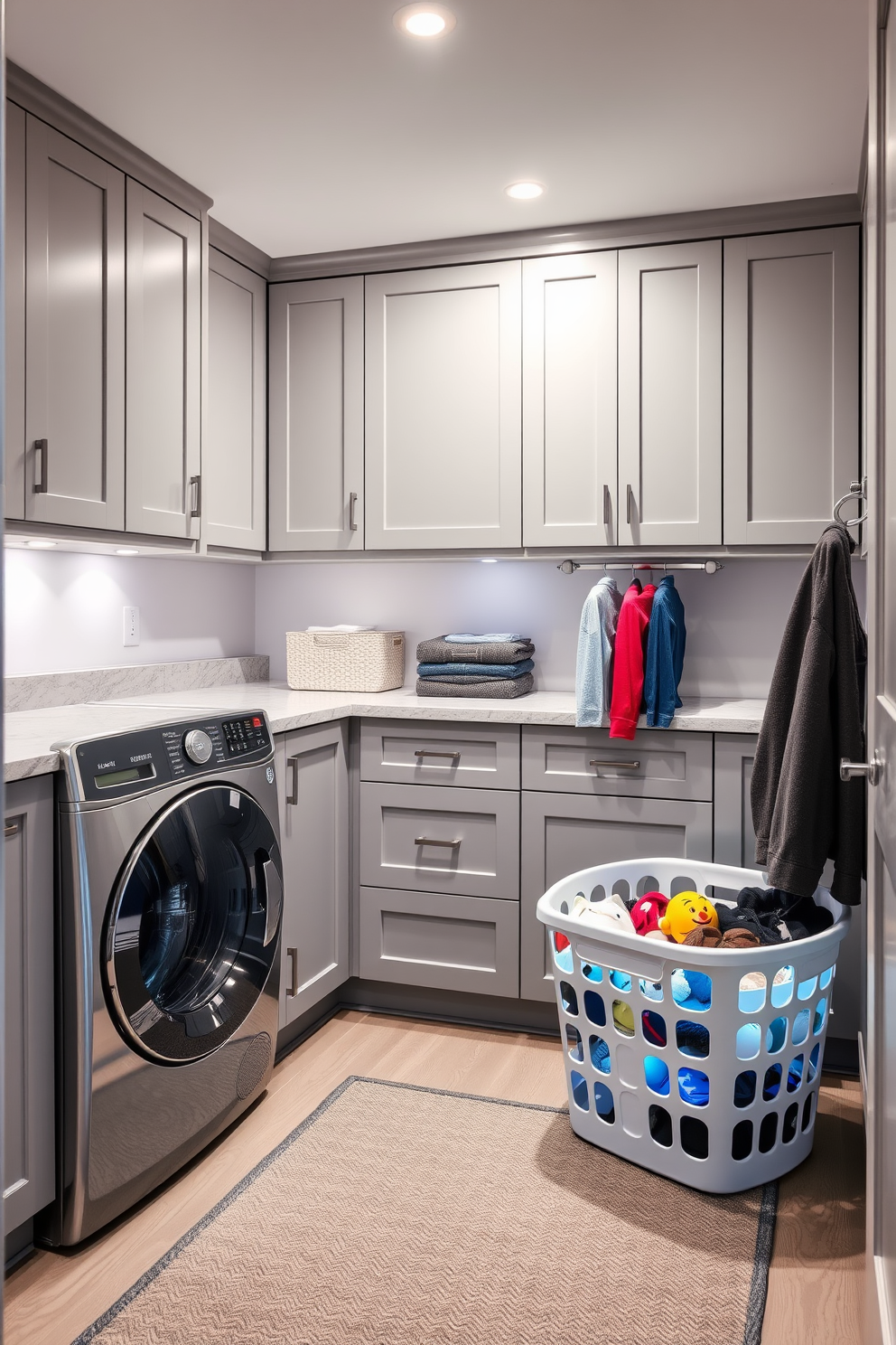 A modern basement laundry room featuring smart technology for efficient laundry management. The room includes a sleek washer and dryer with integrated smart controls, surrounded by ample storage cabinets in a light gray finish. A large countertop made of quartz provides space for folding clothes, while a smart laundry basket sorts items by color. Soft LED lighting illuminates the area, and a stylish rug adds warmth to the space.