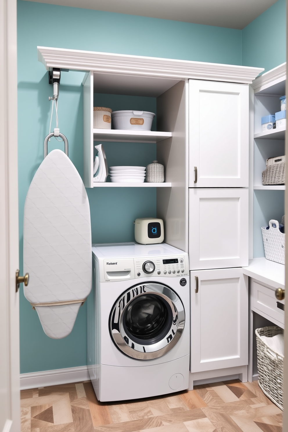 A stylish basement laundry room features multi-functional furniture that maximizes space and enhances usability. The design includes a foldable ironing board integrated into a cabinetry unit and a compact washer dryer combo that blends seamlessly with the decor. Bright, cheerful colors adorn the walls, creating a welcoming atmosphere. Ample storage solutions are provided with shelves and baskets to keep the laundry essentials organized and easily accessible.