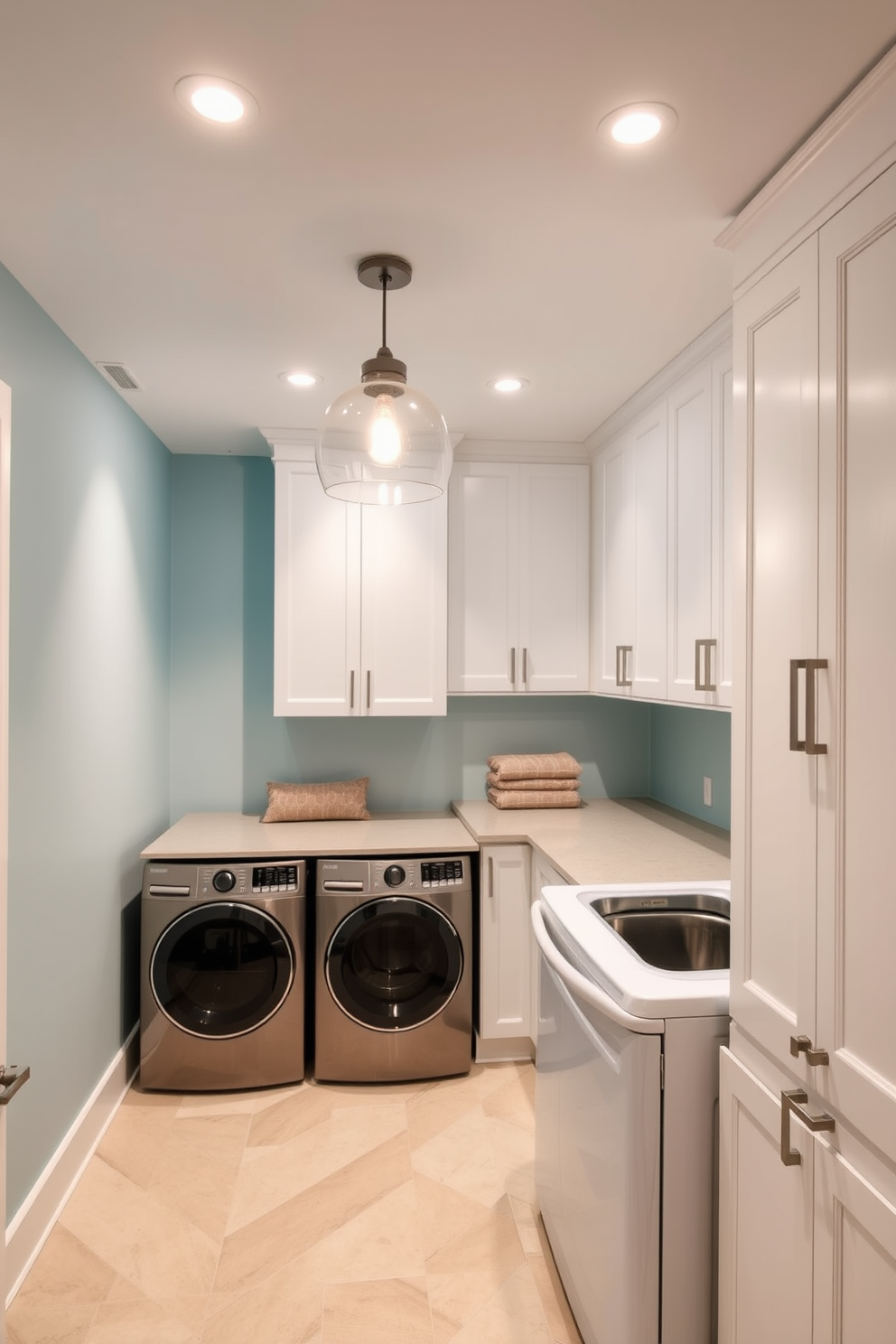 A basement laundry room designed for relaxation features soft mood lighting that creates a warm and inviting atmosphere. The space is enhanced with recessed lighting and stylish pendant fixtures that illuminate the room without being harsh. The walls are painted in a calming light blue hue, complemented by sleek white cabinetry for a clean and organized look. A comfortable seating area with plush cushions is included, allowing for a cozy retreat while waiting for laundry to finish.